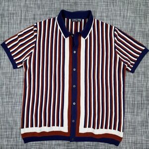 PJ Paul Jones Men's XL Knit Polo Shirt Navy Rust Vertical Stripe Button Front